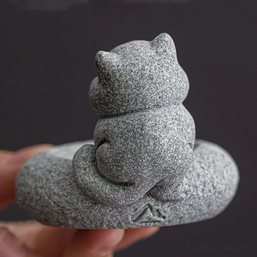 Handcrafted cat incense burner artistic angle with smoke visualization