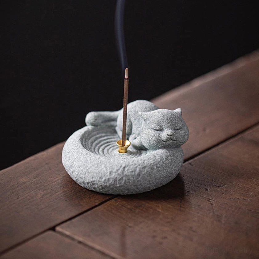 Handcrafted cat incense burner gift idea mindfulness present