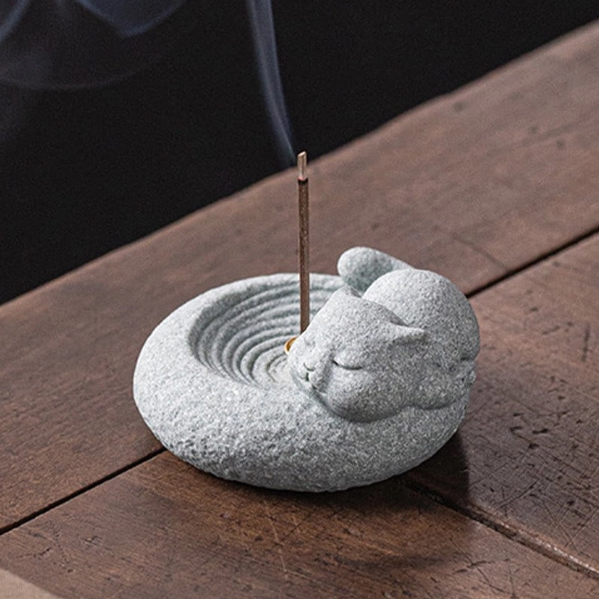 Cat incense burner tabletop display for meditation yoga wellness space
