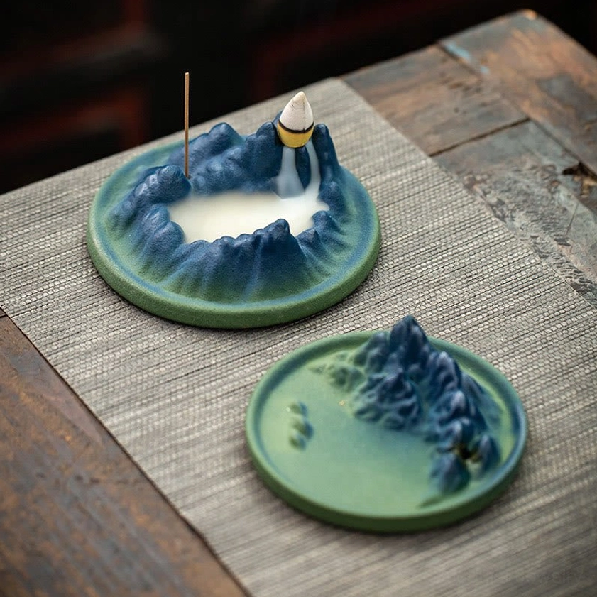 Buddhist ceramic incense holder comparing multiple angles and usage scenarios with backflow smoke effect and decorative mountain design