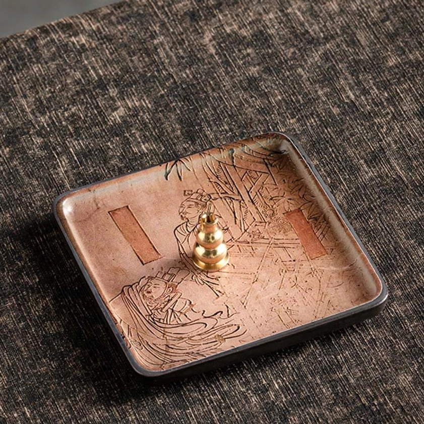 Ceramic incense burner tray with ancient people artistic design honoring Buddhist cultural heritage
