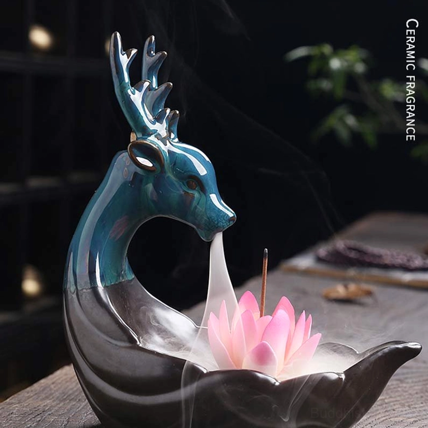 Handmade Ceramic Deer Lotus Incense Burner - Front Three-Quarter View of Teal Glazed Finish