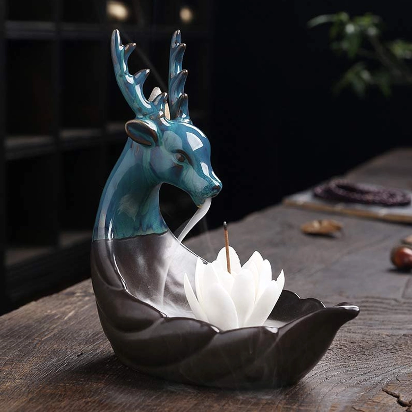 White Lotus Ceramic Deer Backflow Incense Burner - Premium Handmade Burner with Waterfall Smoke Effect