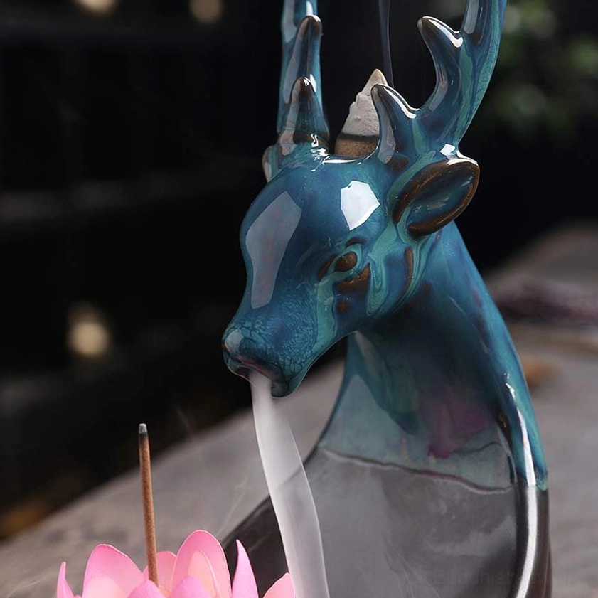 Premium Ceramic Deer Head Incense Censer - Close-Up Frontal View with Flowing Backflow Smoke and Pink Lotus