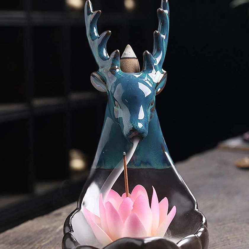 Handcrafted Ceramic Deer Backflow Burner Front View - Incense Cone on Antlers with Pink Lotus and Cascading Smoke