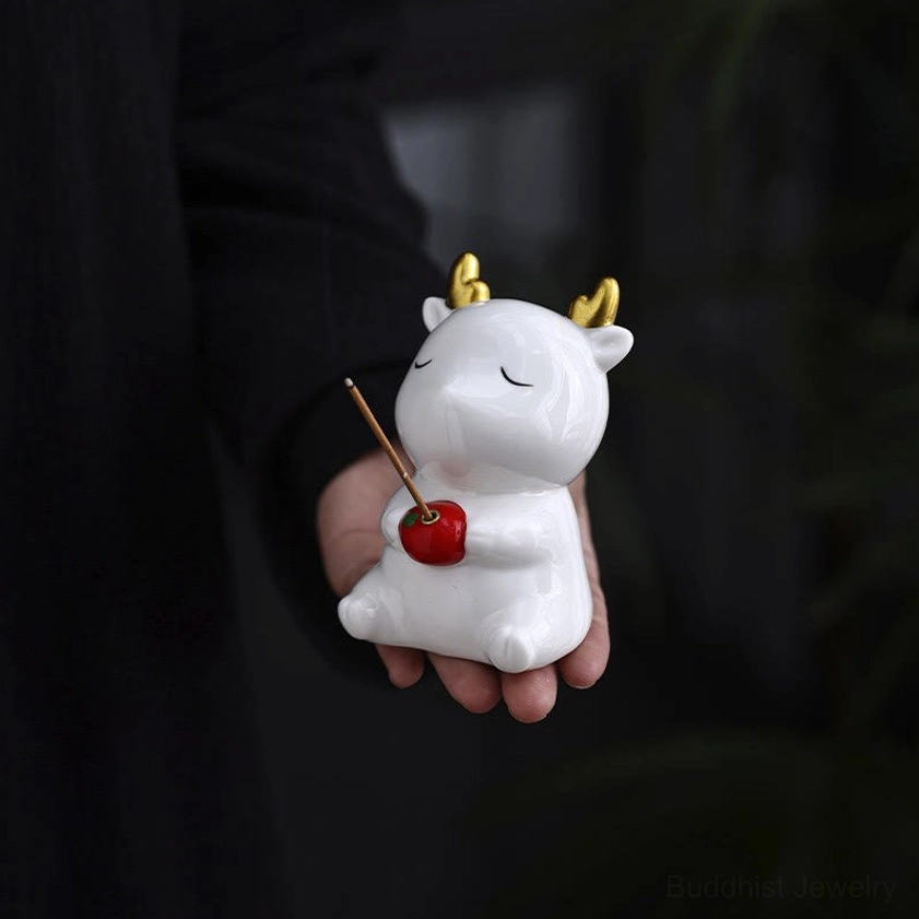 Compact White Ceramic Deer Incense Burner Held in Hand - Portable Spiritual Tool