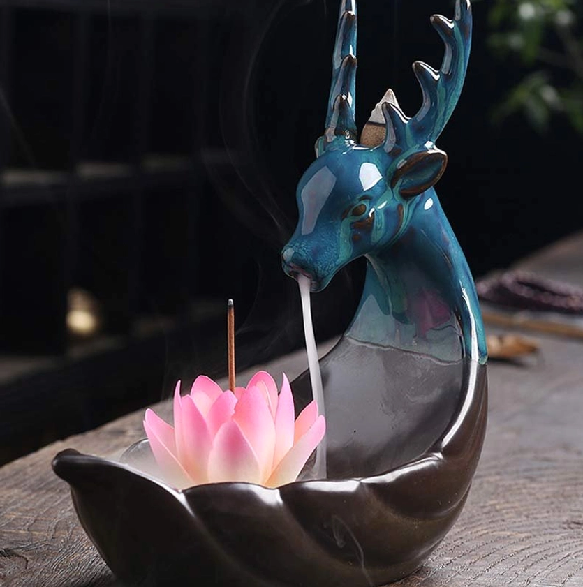 Backflow Ceramic Incense Burner with Deer Figurine - Right Side Detail View Showing Lotus and Smoke Flow