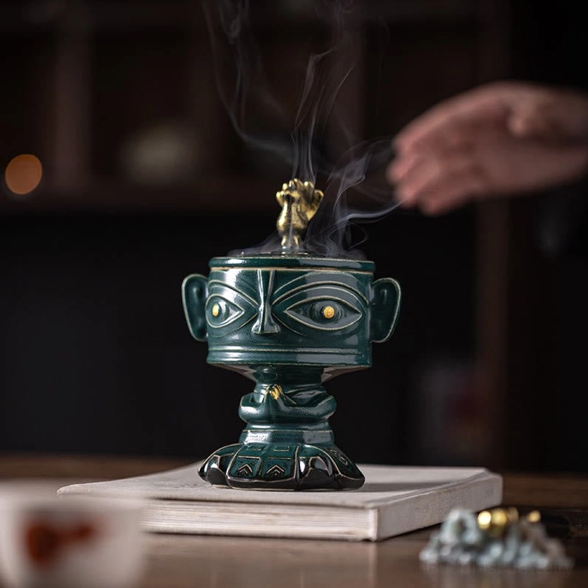 Ceramic incense holder artistic photography, emphasizing handcrafted texture and cultural authenticity