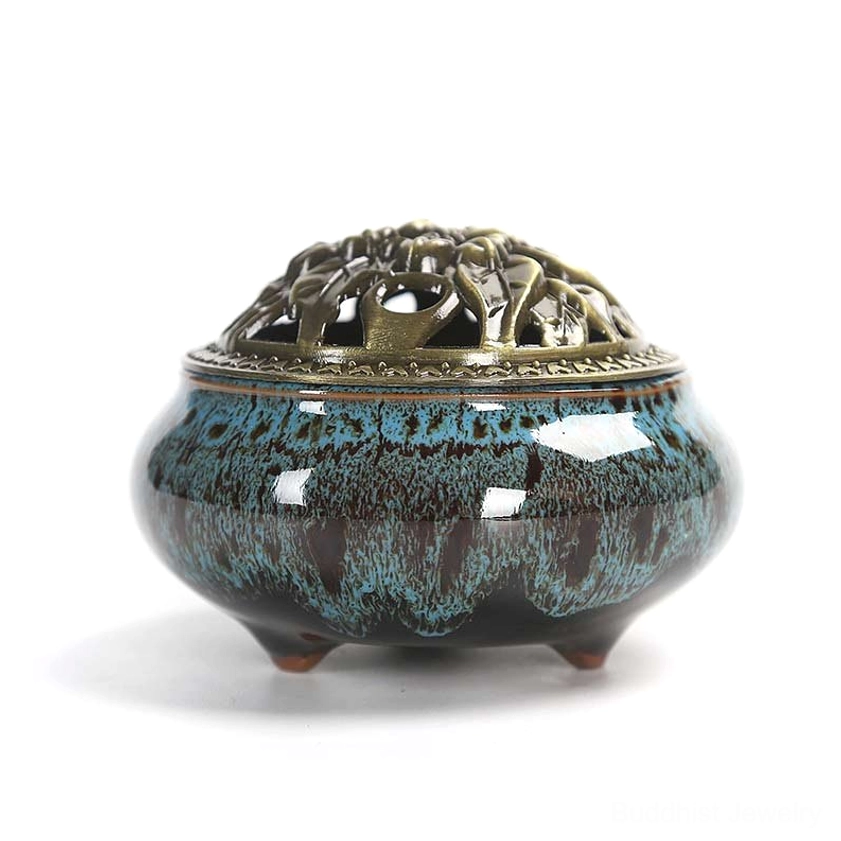 Blue pattern ceramic incense burner with hand-painted design and bronze hollow lid