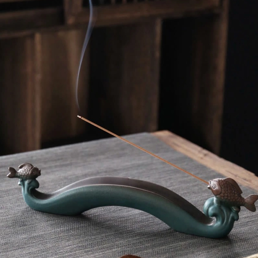 Double Koi Fish ceramic incense burner front view with dual carp ornaments