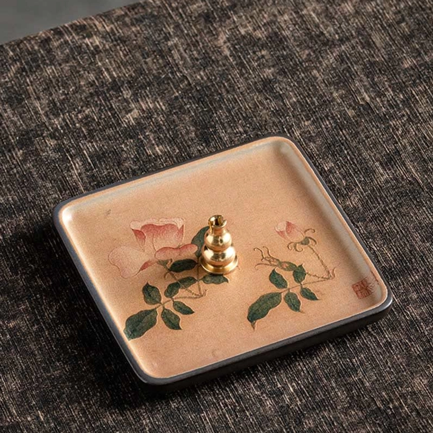 Ceramic incense holder tray with pink flower artistic design for yoga room and meditation sanctuary
