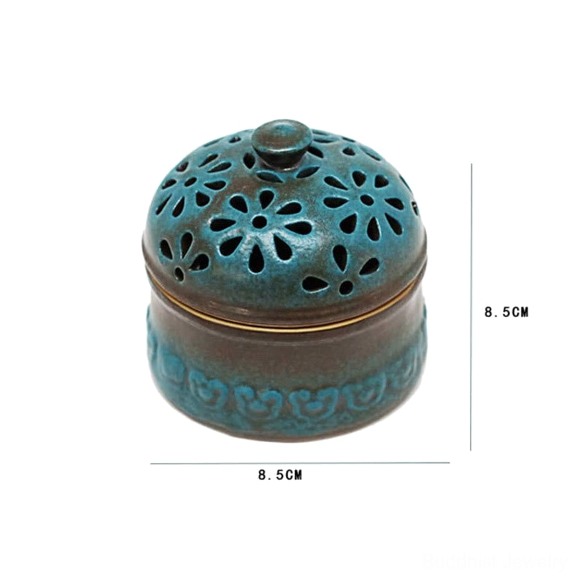 Standard front flat view of complete ceramic incense burner with size markers showing 8.5cm dimensions on white background
