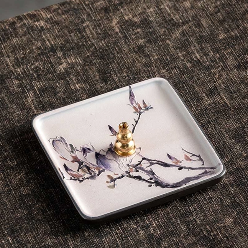 Purple flower ceramic incense burner tray with handcrafted details for mindfulness and relaxation ambiance