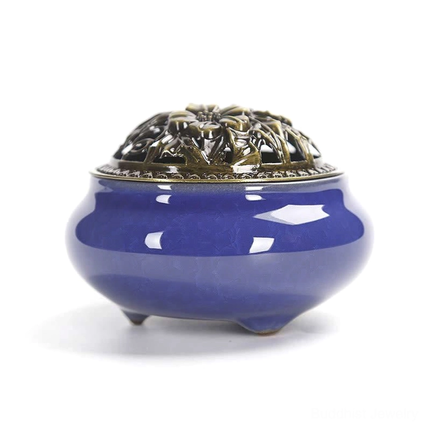 Royal blue ceramic incense burner with bronze hollow lid artistic home décor piece
