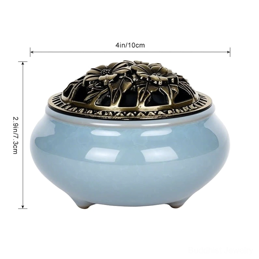 Ceramic incense burner dimensions shown as 4 inches diameter and 2.9 inches height with metric conversion