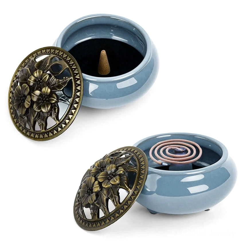 Two ceramic incense burners with dual-function lids for cone incense and coil incense on white background