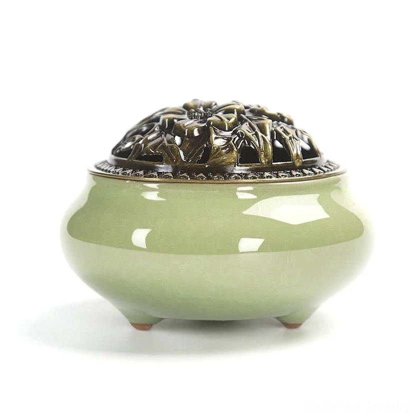 Yellow-green ceramic incense burner with ice-crackle finish and decorative metal lid