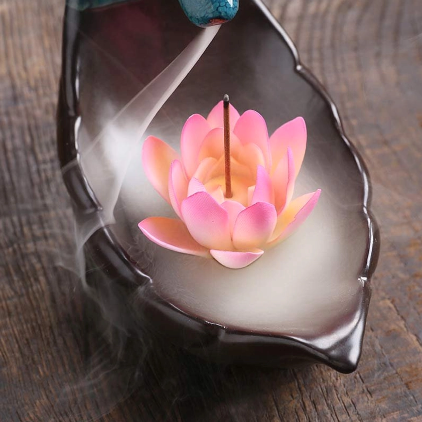 Glazed Ceramic Incense Tray with Pink Lotus - Front Close-Up of Smooth Surface and Flowing Incense Smoke