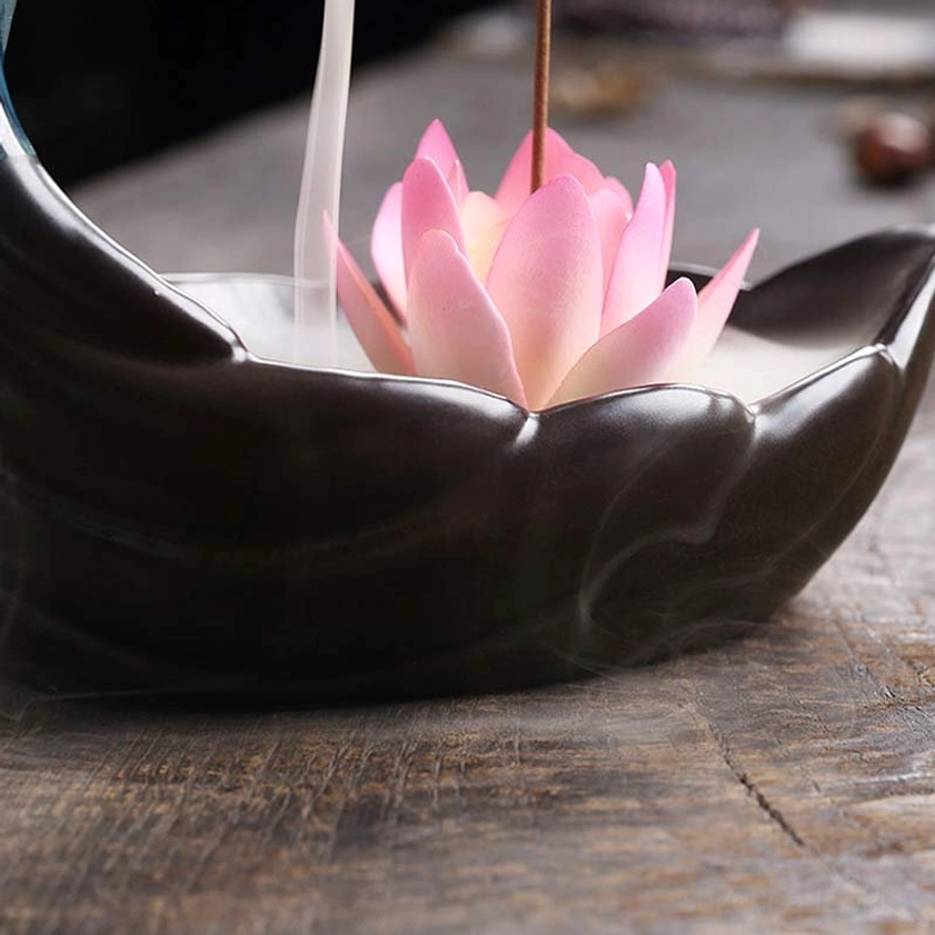 Ceramic Incense Tray with Lotus Flowers - Low Side View Showing Leaf-Shaped Base and Smoke Cascade