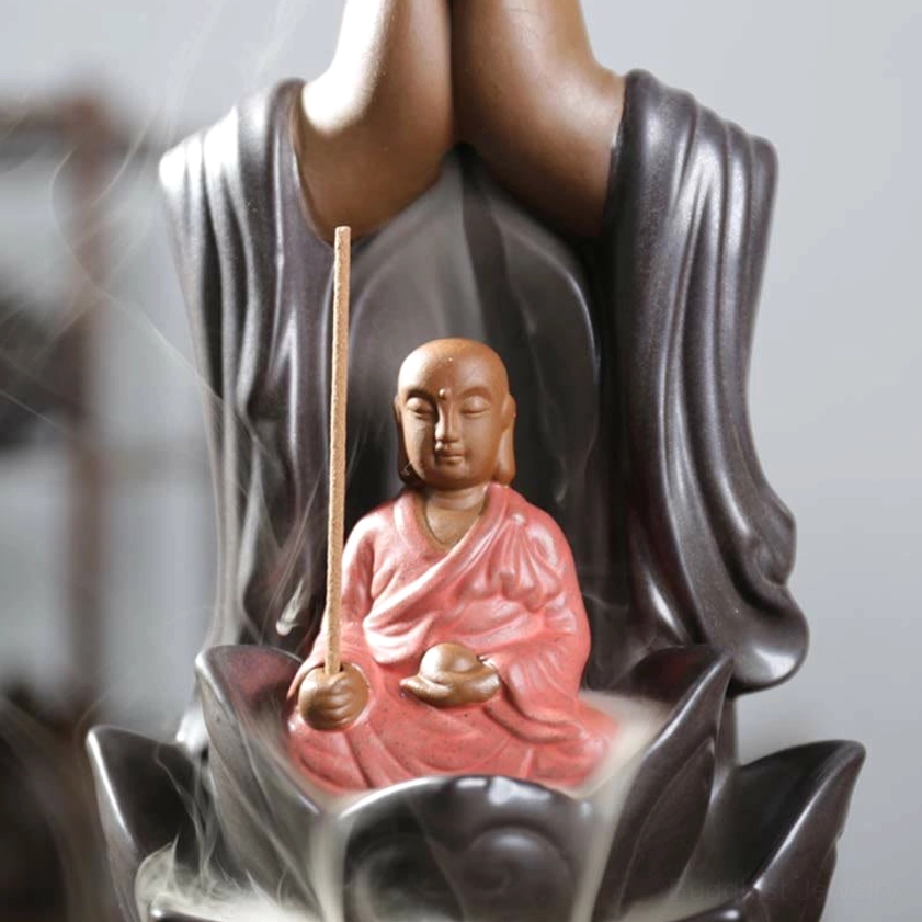 Ceramic Meditation Incense Burner - Alternative Angle Showing Deity Sculpture and Base