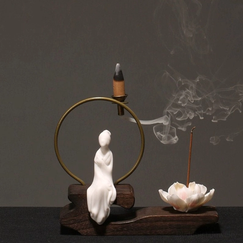 Short-haired monk incense burner with flowing incense smoke and tower incense, handcrafted ceramic Zen decoration