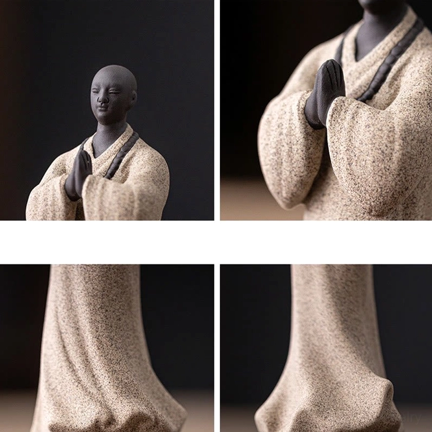 Ceramic meditation monk statue displayed with complementary home decor items creating peaceful sanctuary
