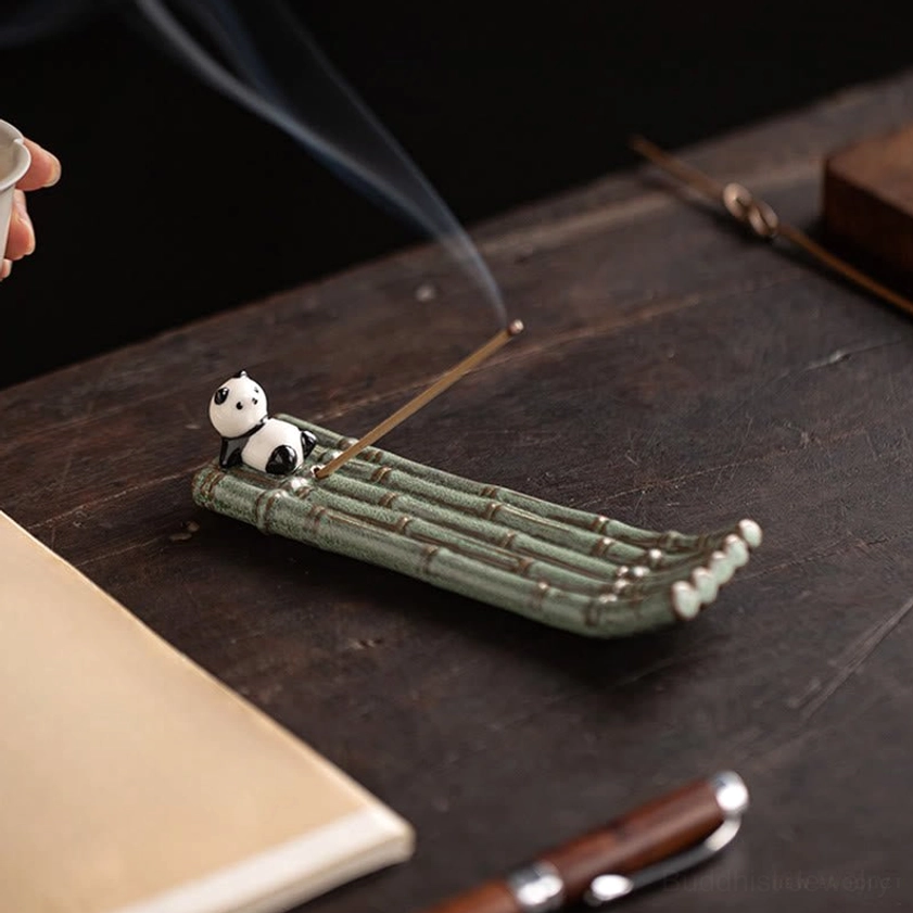 Artisan-made ceramic panda incense burner close-up showing natural glaze finish and handcrafted details