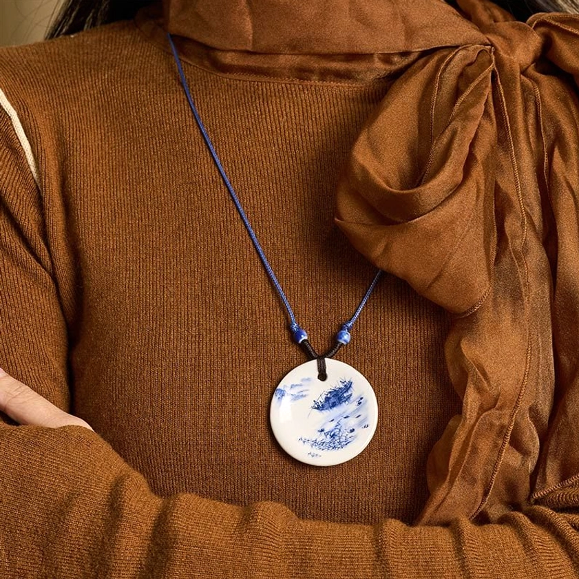 Ceramic pendant necklace overall detail view of complete design and construction quality