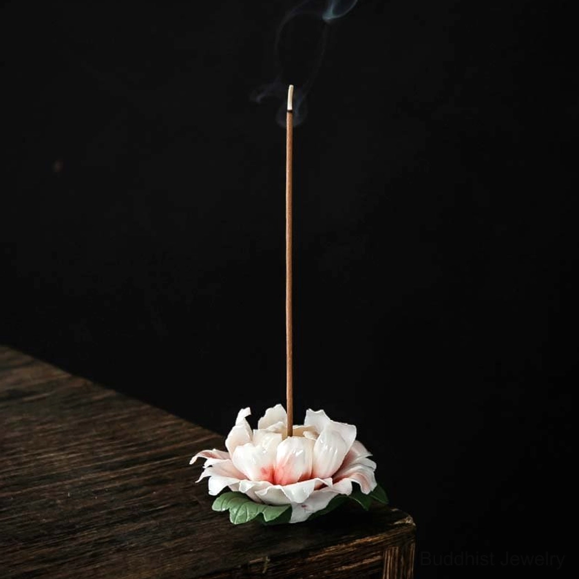 Peony ceramic incense burner in meditation room setting with wellness lifestyle