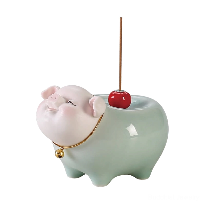 Buddhist ceramic pig incense burner complete product view emphasizing handcrafted details and spiritual design aesthetic
