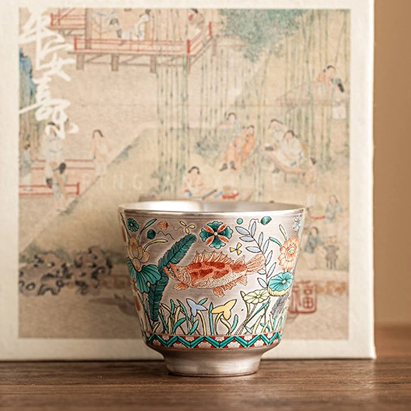 Ceramic tea cup collection showcase, hand-painted fish and lotus designs, multiple angles