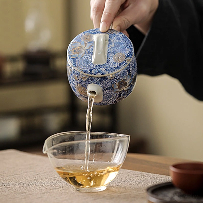 Ceramic tea cup with hand-painted chrysanthemum longevity joy symbols