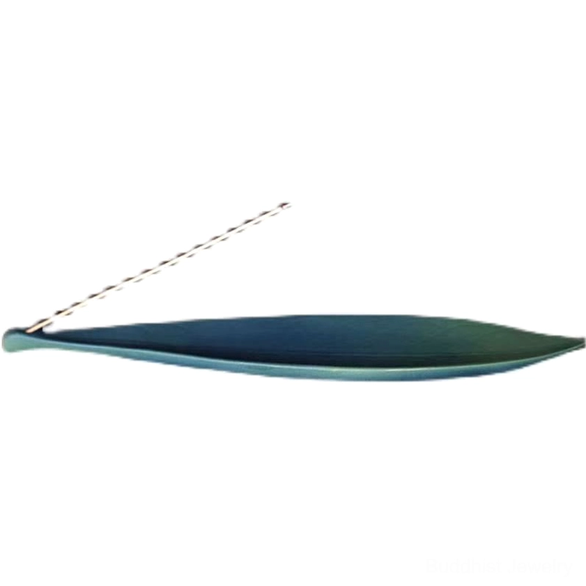 Ombre blue-green ceramic leaf incense burner side profile view