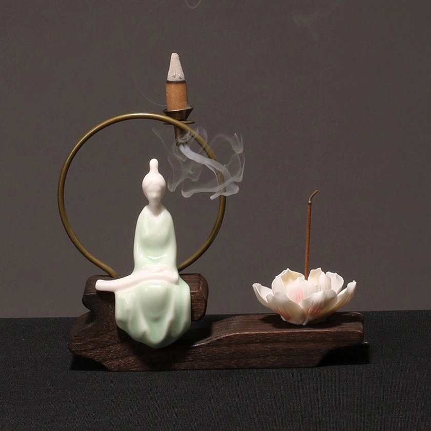 Artistic ceramic incense burner featuring Zither design with Buddhist symbolism, handcrafted meditation décor piece