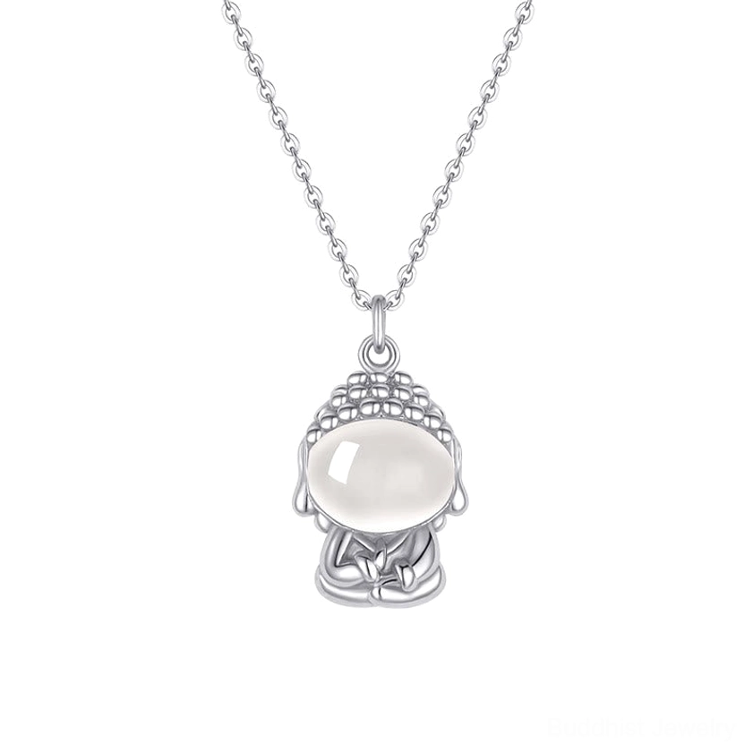 Chalcedony Buddha pendant necklace in sterling silver and white gold options, showing all available metal finish variations