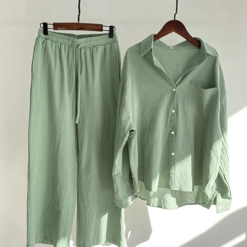 Charcoal gray women's meditation cotton loungewear two-piece set hanging display