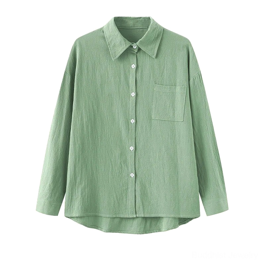 Charcoal gray long-sleeve meditation shirt with collar and chest pocket