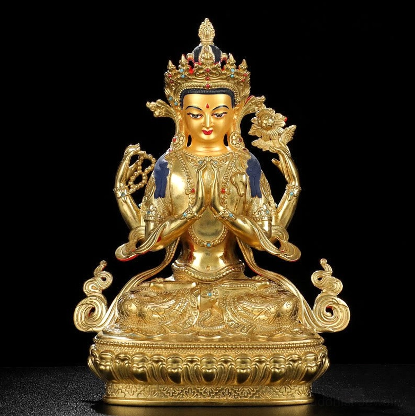 Chenrezig Avalokitesvara standard design carved lotus throne gold-toned finish
