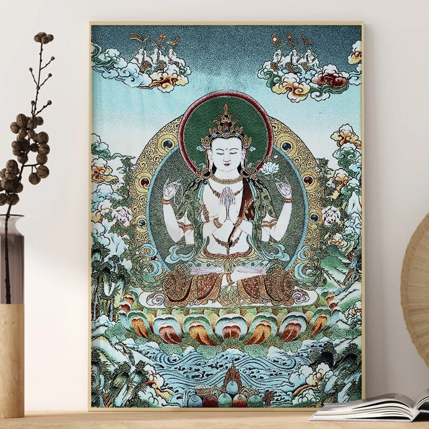 Framed four-armed Buddhist Chenrezig deity handmade embroidery thangka wall display with landscape background and intricate details