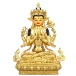 Four-armed Chenrezig Avalokitesvara gilt bronze statue front view with coral turquoise crown inlay