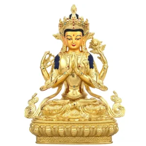 Four-armed Chenrezig Avalokitesvara gilt bronze statue front view with coral turquoise crown inlay