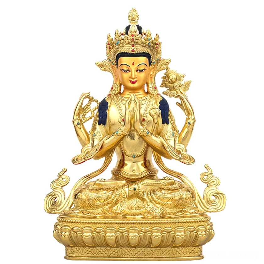 Four-armed Chenrezig Avalokitesvara gilt bronze statue front view with coral turquoise crown inlay