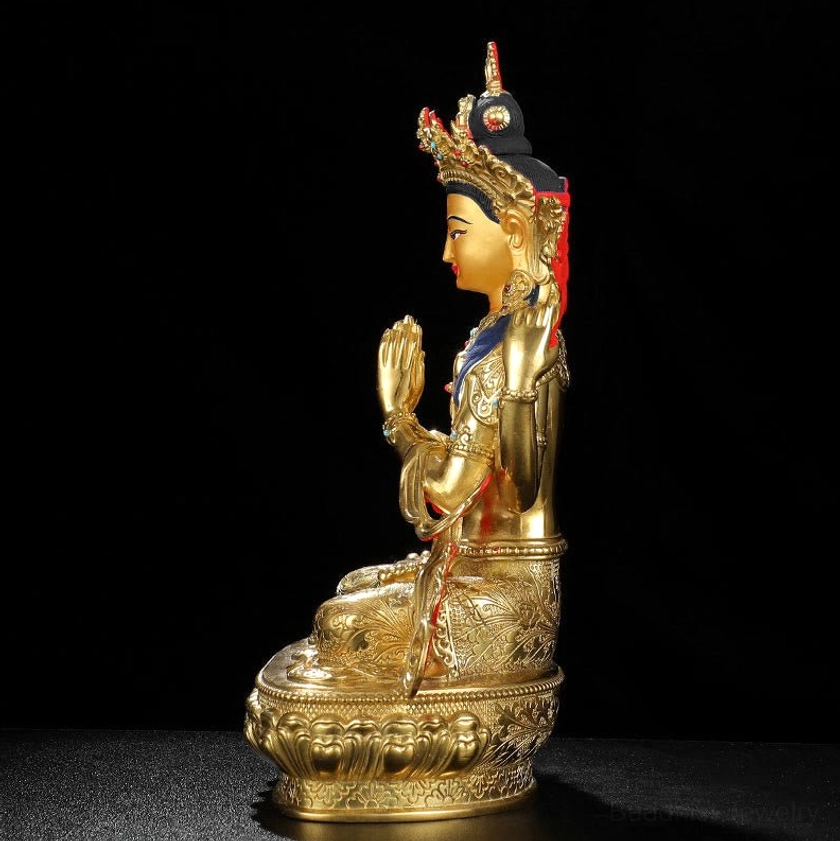 Chenrezig four-armed Avalokitesvara left profile view gilded metal red decorative sash