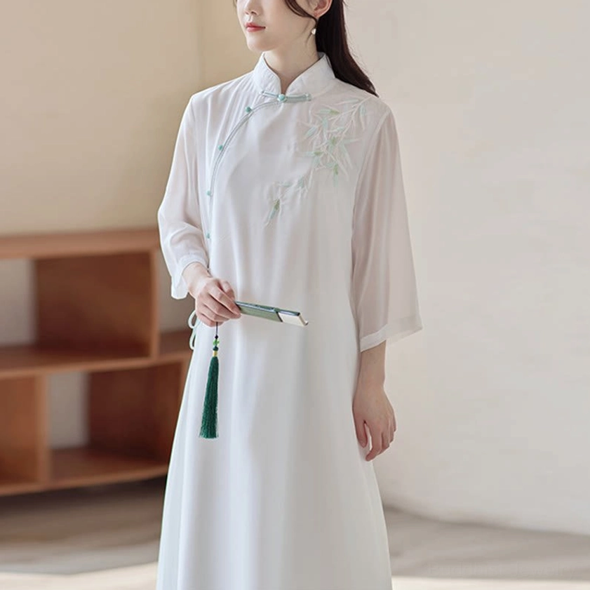Cheongsam dress only option for spiritual practice wear, standalone piece with three-quarter sleeves and stand collar in white sheer chiffon