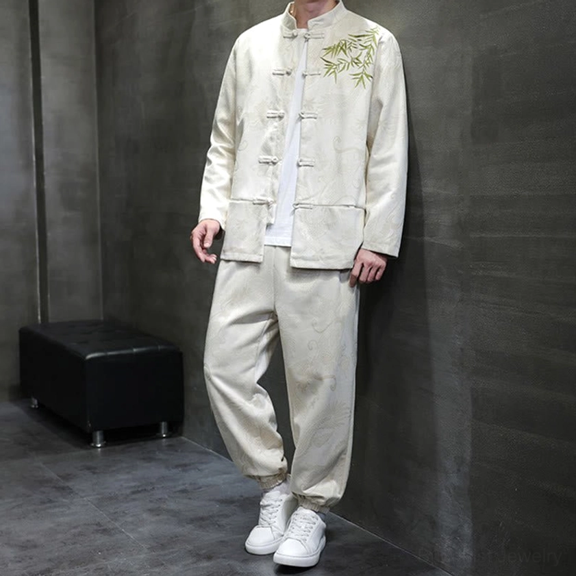 Traditional Chinese Tang suit set with frog button stand collar and elastic waist pants, full front view