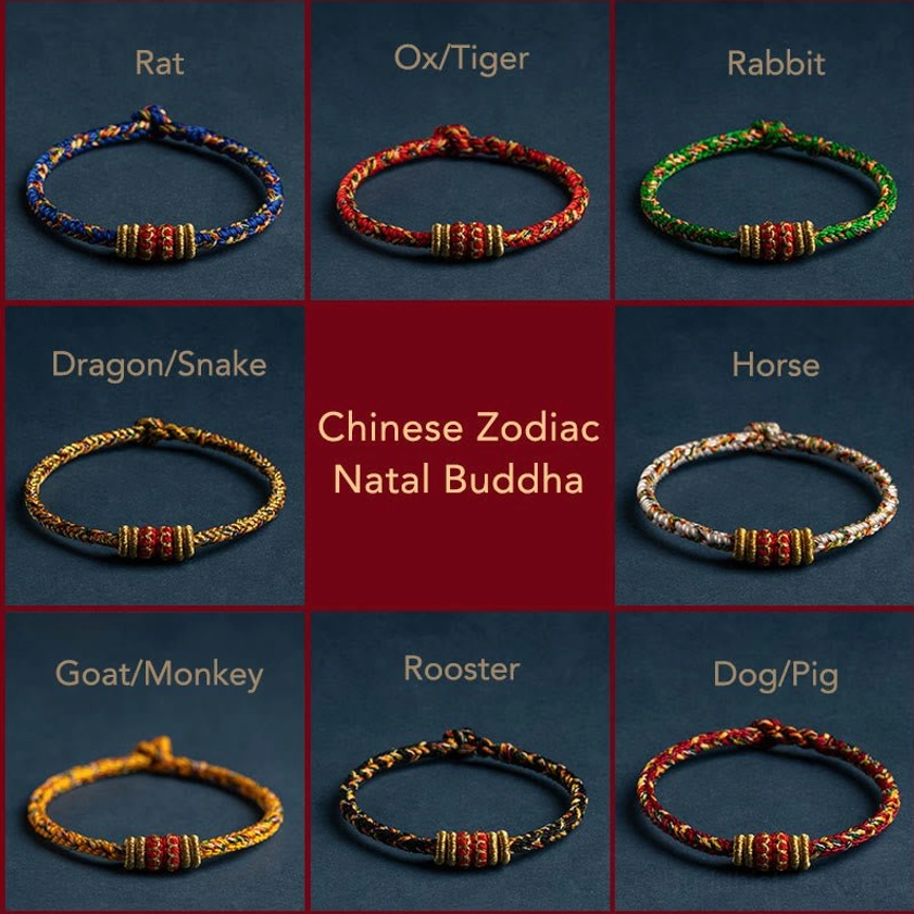 Complete Chinese zodiac natal buddha bracelet collection grid showing all 12 animal signs with patron saints