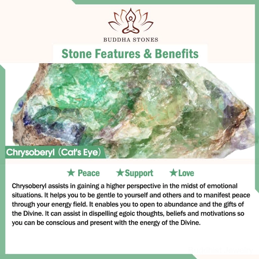 Chrysoberyl cat's eye stone properties infographic showing raw crystal, purple gemstone benefits for peace support and love energy