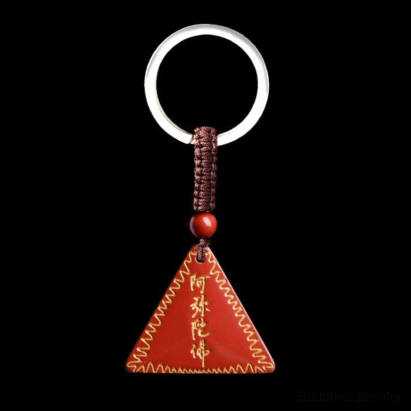 Red cinnabar Amitabha Buddhist pendant keychain with silver key ring and brown woven strap