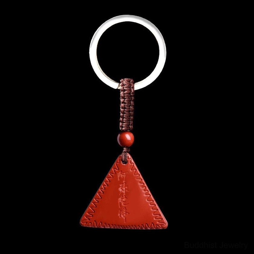 Orange-red cinnabar Amitabha Buddhist pendant keychain with silver ring and brown strap variant