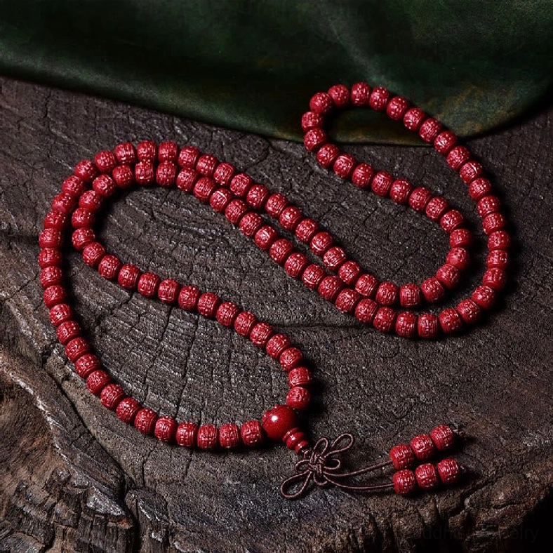 6mm cinnabar barrel beads engraved 108-bead mala bracelet with Om Mani Padme Hum characters